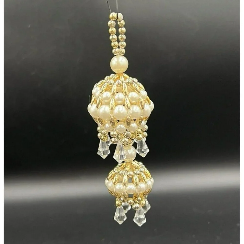 VTG Handmade Christmas Ornaments Bells Set of 7 Acrylic Beads Pink Silver Gold‎